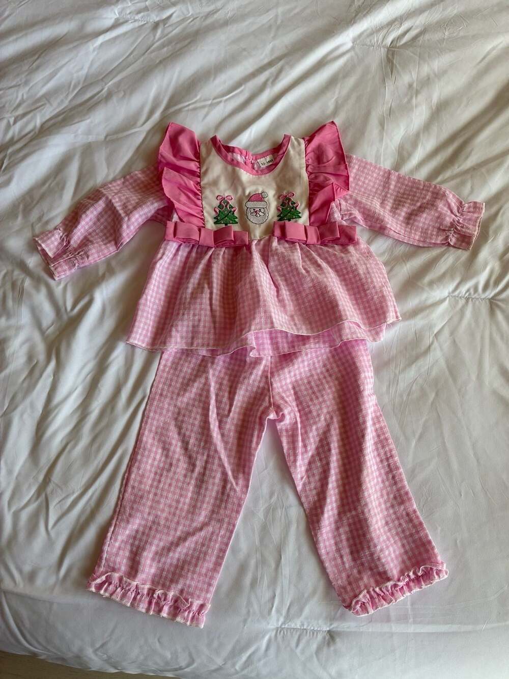 Toddler Baby Girl Pink Gingham Christmas Outfit with Santa and Tree Embroidery L